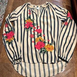 Anthropologie striped embroidered blouse
